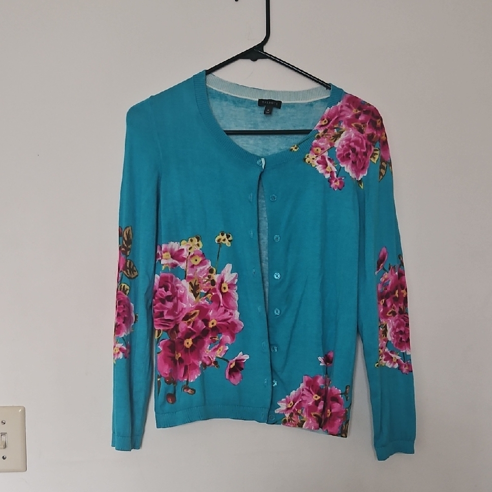 Talbots Teal Cardigan with Pink Floral Design